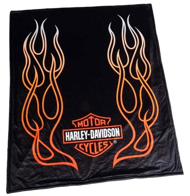 Harley-Davidson Flames Bar & Shield Fleece Dekentje met Sherpa Achterkant - Zwart
