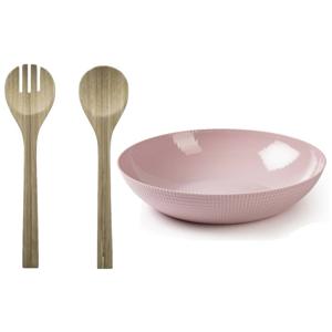 Plastic Forte Slakom/schaal met bamboe slacouvert - Kunststof - D30 cm - Saladeschalen