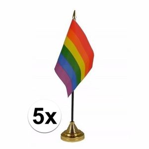 5x Regenboog tafel vlaggetjes op stok 10 x 15 cm