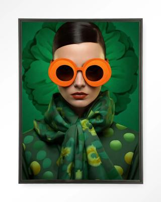 Urban Cotton Wandkleed 'Green Flower' 110 x 145cm in Floating Frame - black