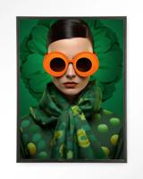 Urban Cotton Wandkleed 'Green Flower' 110 x 145cm in Floating Frame - black