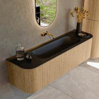 Mondiaz KURVE 160 cm Onderkast Greeploos 1 Lade Met Deuren Oak, Wastafel Solid Surface Midden Urban 0 Kraangaten Zonder Spiegel (KRVBGM160L+R1L2D0KM-Oak/Urb)