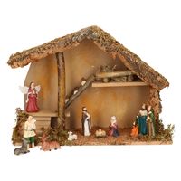 Complete kerststal met 11x st kerststal beelden - 42 x 19 x 30 cm - hout/polyresin - thumbnail