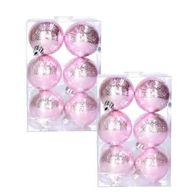 Cosy & Trendy cirkel motief kerstballen - 2x - roze - Dia 6 cm - kunststof