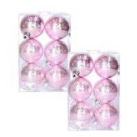 Cosy & Trendy cirkel motief kerstballen - 2x - roze - Dia 6 cm - kunststof