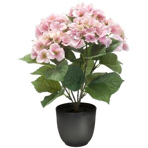 Hortensia kunstplant/kunstbloemen 40 cm - roze - in pot mat zwart