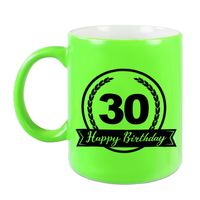 Happy Birthday 30 years cadeau mok / beker neon groen met wimpel 330 ml Happy Birthday 30 years cadeau mok / beker neon groen met wimpel 330 ml