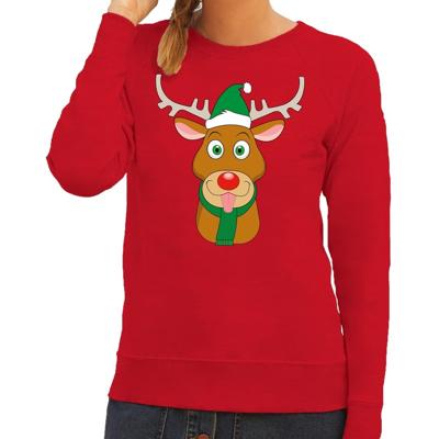 Foute kersttrui - sweater - Rudolf het rendier met groene kerstmuts - rood - voor dames
