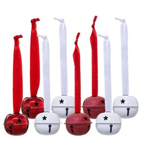 Kerstbelletjes hangers - 8x stuks- metaal - wit/rood - D4 cm