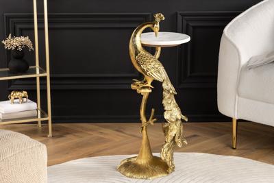 Ronde bijzettafel WILDLIFE PEACOCK 75cm Goud Antiek Wit Metaal Marmeren Pauw Sculptuur - 44828