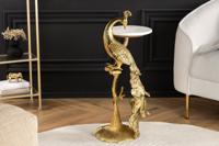 Ronde bijzettafel WILDLIFE PEACOCK 75cm Goud Antiek Wit Metaal Marmeren Pauw Sculptuur - 44828