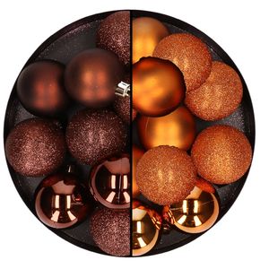 24x stuks kunststof kerstballen mix van donkerbruin en oranje 6 cm - Kerstbal