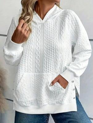 Bon&Bon Women's Plus Size Textured Raglan Sleeve Hoodie - Black Pullover White / 2XL