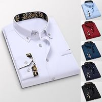 Voor heren Overhemd Button-down overhemd Shirt met kraag Wijn Zwart Wit Marineblauw Lange mouw Bloemig Strijkijzer Lente Herfst Bruiloft Werk Kleding Button-omlaag Lightinthebox - thumbnail