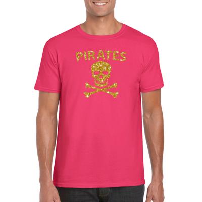 Piraten party verkleed t-shirt - roze - met gouden glitter print - heren - piraten verkleedkleding