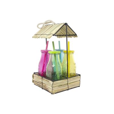 Svenska Living 4 drinkflesjes in houder gekleurd glas