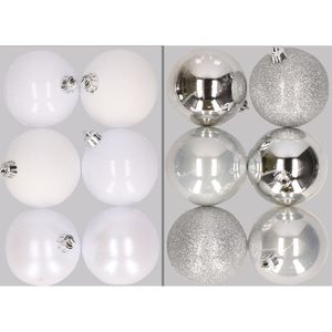 12x stuks kunststof kerstballen mix van wit en zilver 8 cm   -