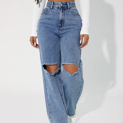 Petite High Waist Straight Leg Mom Jeans - Dark Wash Distressed Denim Light Wash-2 / Petite S