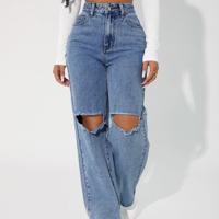Petite High Waist Straight Leg Mom Jeans - Dark Wash Distressed Denim Light Wash-2 / Petite S