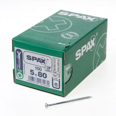 Spax Spaanplaatschroef platverzonken kop verzinkt T-Star T20 deeldraad 5.0x80mm (per 100 stuks) Spax Spaanplaatschroef platverzonken kop verzinkt T-Star T20 deeldraad 5.0x80mm (per 100 stuks)