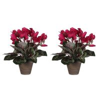 2x stuks cyclaam kunstplanten donker roze in keramieken pot H30 x D30 cm - Kunstplanten - thumbnail