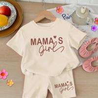 Baby Girls 2pcs Set Round Neck Short Sleeve T-Shirt And Leggings, Casual & Minimalist Apricot