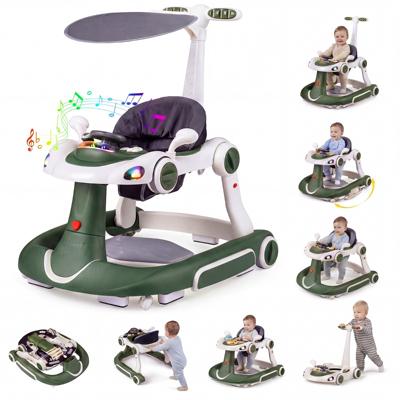7-in-1 Loopstoeltje met Kap Loopwagen met Instelbare Hoogte en Snelheid Opvouwbare Babywalker met Speelbord Muziek Licht en Wielen Loopstoeltje voor Baby's vanaf 6 Maanden Groen