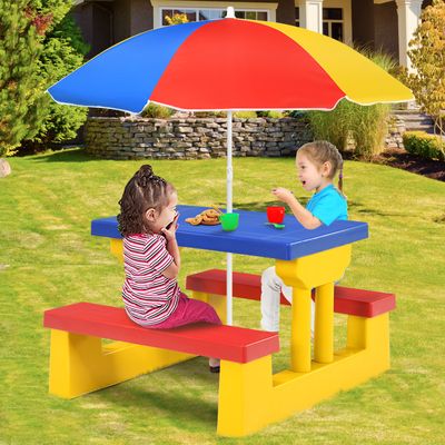 Kinderzitgroep voor Buiten met Parasol Picknicktafel met Tafelblad en 2 Bankjes Kindertuinmeubelen voor Achtertuin Terras Geel
