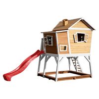 AXI Max Speelhuis op palen, zandbak & rode glijbaan Speelhuisje voor de tuin / buiten in bruin & wit van FSC hout - thumbnail