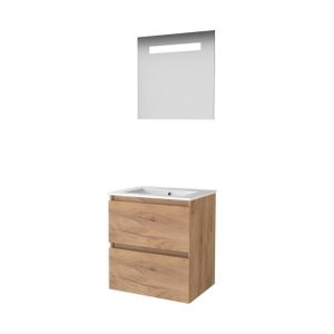 Basic-Line Economic 46 badkamermeubelset - 60x46cm - greeploos - 2 lades - porseleinen wastafel - 1 kraangat - Spiegel - geintegreerde LED verlichting - MFC Whisky Oak 1810079