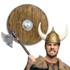 Viking verkleedkleding set - 3 delig - heren - helm met hoorns - Schild - Hakbijl van 68 cm