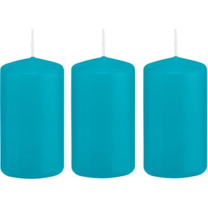 3x Turquoise blauwe cilinderkaarsen/stompkaarsen 5 x 10 cm 23 branduren