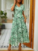Women's Holiday sage green Dress Floral Chiffon Skirt Short Sleeve Floral Ruffle Spring Summer V Neck Fashion Daily Dating Vacation - thumbnail
