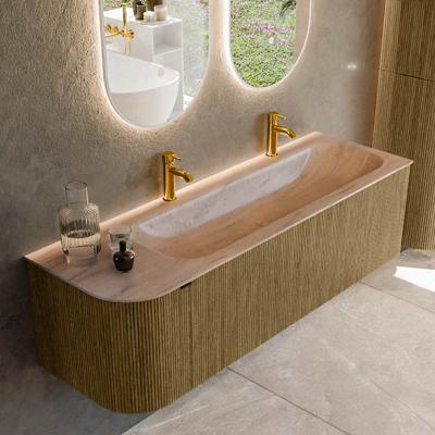 Badmeubel Mondiaz Kurve-Dlux | 145 cm | Meubelkleur Dusk | Wastafelkleur Saba | Solid surface | Wasbak rechter zijde spoelbak | 2 kraangaten