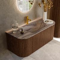 Badmeubel Mondiaz Kurve-Dlux | 110 cm | Meubelkleur Walnut | Wastafelkleur Sombra | Solid surface | Wasbak midden spoelbak | 1 kraangat