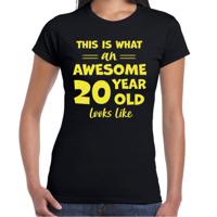 Verkleed T-shirt voor dames - leeftijd 20 jaar - awesome - zwart - glitter geel - Verjaardagsfeest