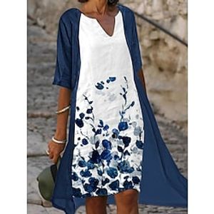 damesjurk set tweedelige jurk a lijn jurk midi jurk blauw halve mouw bloemenprint zomer lente v-hals casual 2023 s m l xl xxl 3xl Lightinthebox