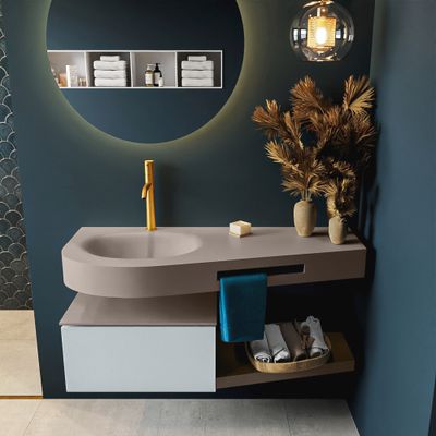 MONDIAZ RIVA 120cm badmeubel onderkast / planchet kleur Clay met 1 lade. Wastafel DULCET links 1 kraangat kleur Smoke.