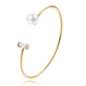 Goudkleurige armband met Rechthoekige Zirkonia Steen en Imitatie Parel