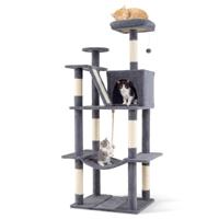 Krabpaal 158 cm Hoge Kattenkoepel met Meerdere Verdiepingen met Zachte Uitkijkplaats Bovenaan Hol Hangmat Sisal Krabpaal & Helling & Hangtouw Bungelende Bal-Donkergrijs