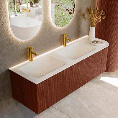 Badmeubel Mondiaz Kurve | 145 cm cm | Meubelkleur Ruby | Wastafelkleur Talc | Solid surface | Dubbel / Links spoelbak | 2 kraangaten
