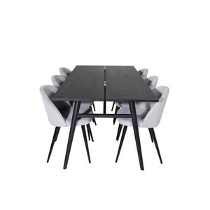 Sleek eethoek eetkamertafel uitschuifbare tafel lengte cm 195 / 280 zwart en 6 Velvet eetkamerstal fluweel lichtgrijs,