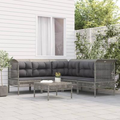 6-delige Loungeset met kussens poly rattan grijs