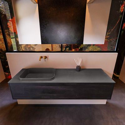 Badkamermeubelset Mondiaz Erin 150 cm met 1 Lade met RIDGE Wastafel Links Dark grey Zonder Kraangaten Greeploos Mat Dark Brown