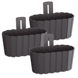 Set van 3x stuks wood-look muur plantenpot/bloempot kunststof dia 27 cm/hoogte 15 cm antraciet