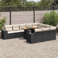 10-delige Loungeset met kussens poly rattan acacia zwart
