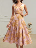Floral Elegant A Line V Neck Sleeveless Midi Dress - thumbnail