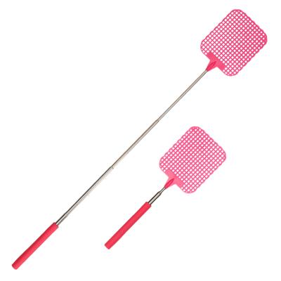 Setje met uitschuifbare vliegenmeppers - 2x stuks - roze - van 25 tot 60 cm - metaal/kunststof