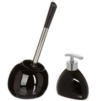 5Five WC-/ toiletborstel in houder - zwart - keramiek en rvs - Zeeppompje 300 ml - badkamer set