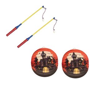 2x stuks ronde lampion 25 cm spookhuis inclusief lampionstokjes